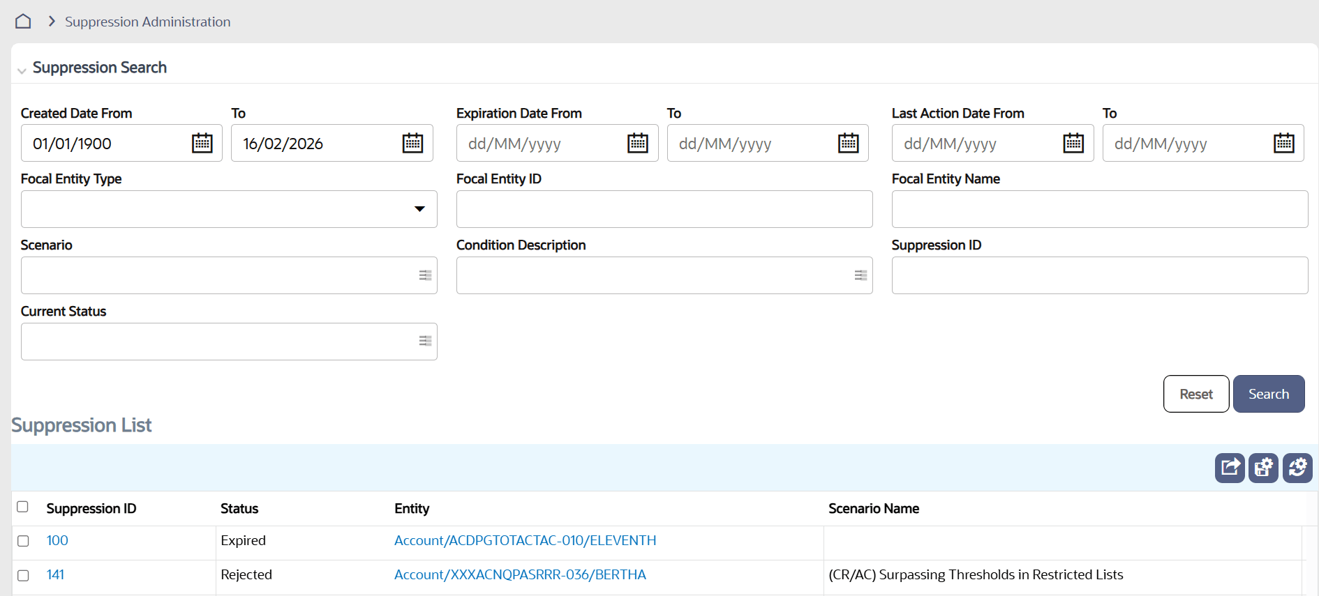 Suppression Administration Search Results
