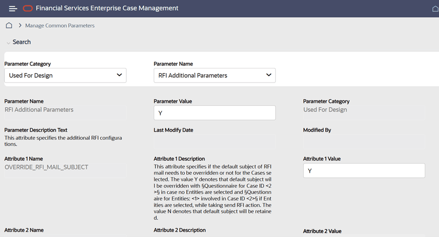 The Manage Common Parameters page showing the RFI Additional Parameters configuration.
