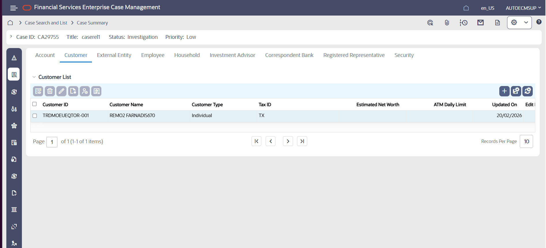 This image shows the Customer Tab.