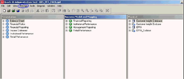 This illustration displays the various tabs available in the Oracle BI Administration tool.