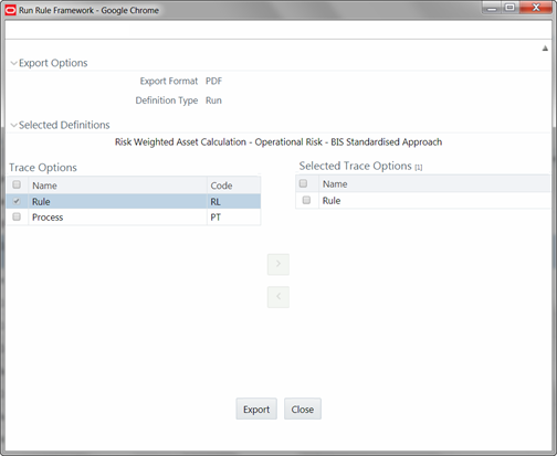 This illustration shows the Export dialog window, which displays the Export Format, Definition Type, and the names of the Selected Definitions. You can click Export to export the file.