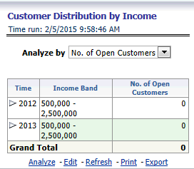 This report displays Distribution of Open Customer and Open Accounts across Income bands.