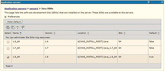 Click the Java SDKs link from the Server Infrastructure section to view the list of Java SDKs.