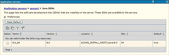 Select 8.0_64, and click Make Default and save to master repository. Restart the WebSphere Application Server to apply the changes to the IBM application profile.