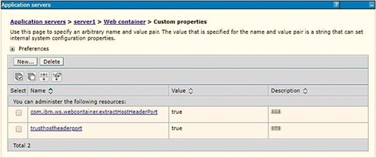 On the Application servers window, click the required Application Server link. For example, server1 as shown in this illustration. Click Web Container Settings and then Custom Properties to view the Custom Properties window