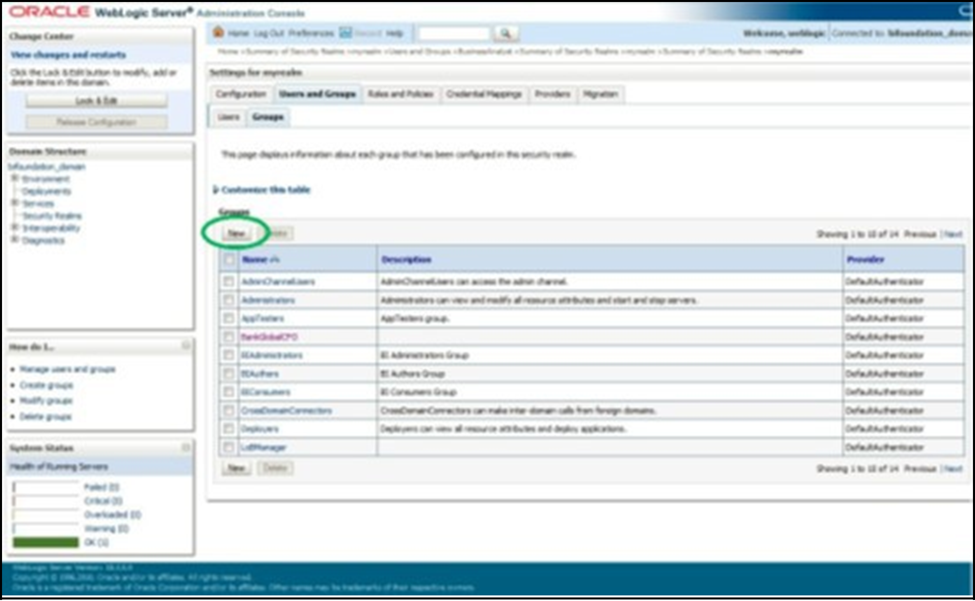 This screen of WebLogic Administrator Console allows you to create a new user goup.