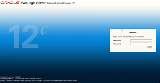 This illustration shows the login page for the WebLogic Server Adminstration Console 12c page. Log in with the Administrator Username and Password.