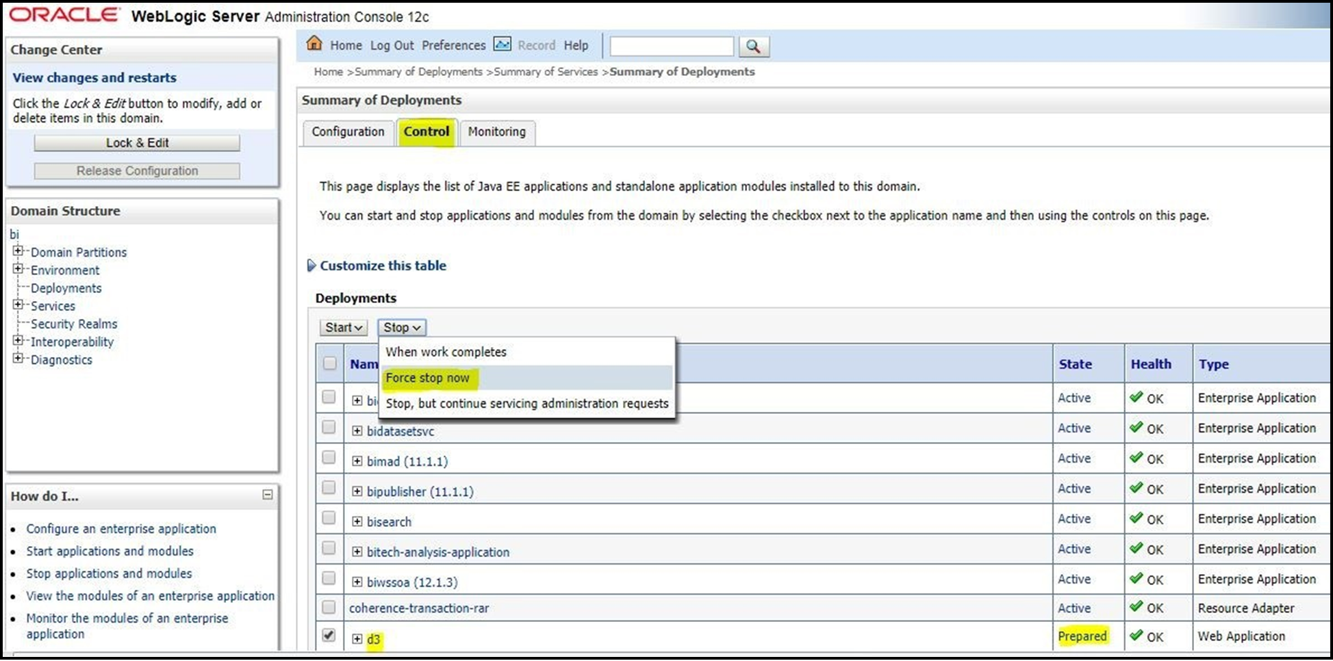 This WebLogic Administration Console screen allows you to customize the deployed applications.