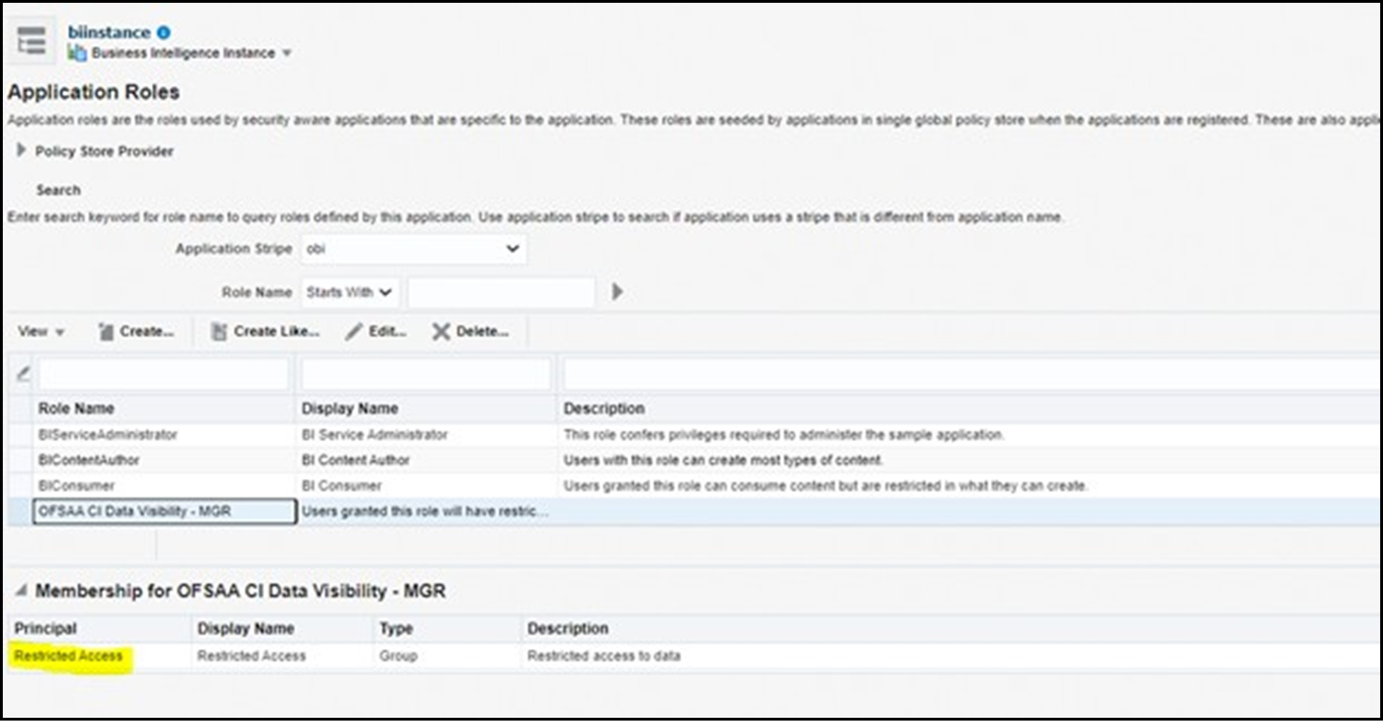 The biinstance screen allows you to map the user group that needs the data visibility to the OFSAA application.
