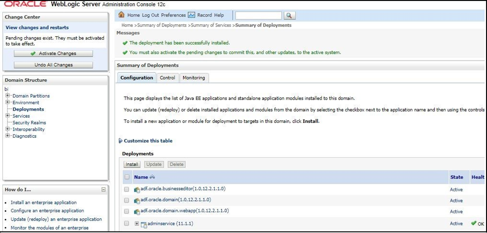 This WebLogic Administration Console screen displays all the deployments.