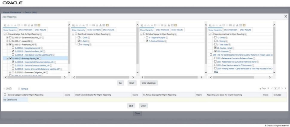 This illustration shows the Add Mappings page for the many parents to many Reporting Line Codes mapping at parent and child hierarchy level. Select the required codes.