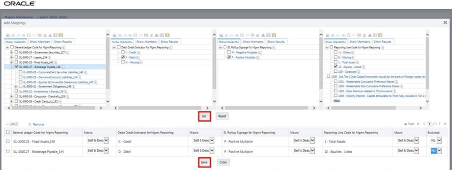This illustration shows the Add Mappings page for adding mappings for the next set of members. Select the required codes. Click Go to proceed with the mapping. Then click Save to save the mappings.