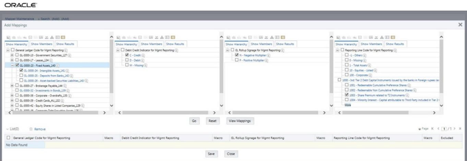 This illustration shows the Add Mappings page for the one parent to one Reporting Line Code mapping at parent and child hierarchy level. Select the required codes.