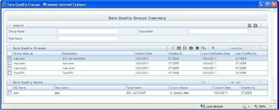 This illustration shows the Data Quality Groups Summary page. You can perform the actions mentioned in the following paragraphs.