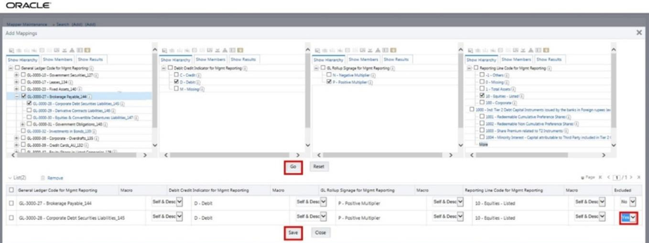 This illustration shows mapping the members and saving the mappings by excluding Descendants. Click Go to proceed with the mapping. To exclude the Descendants of the GL Code from the mapping, in the Macro column, select Self and Descendants. Then click Save to save the mappings.