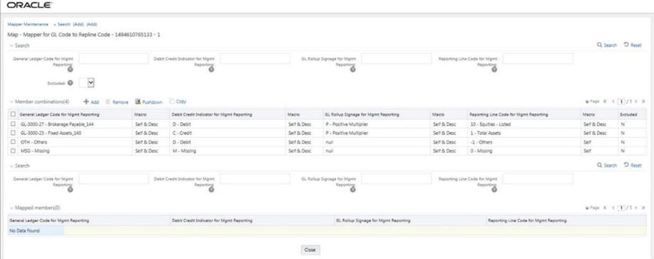 This illustration shows the mapped member combination sets listed in the Mapper Maintenance page.