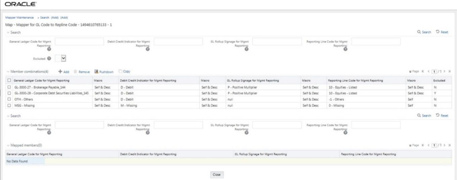 This illustration shows the mapped member combinations listed in the Mapper Maintenance page.