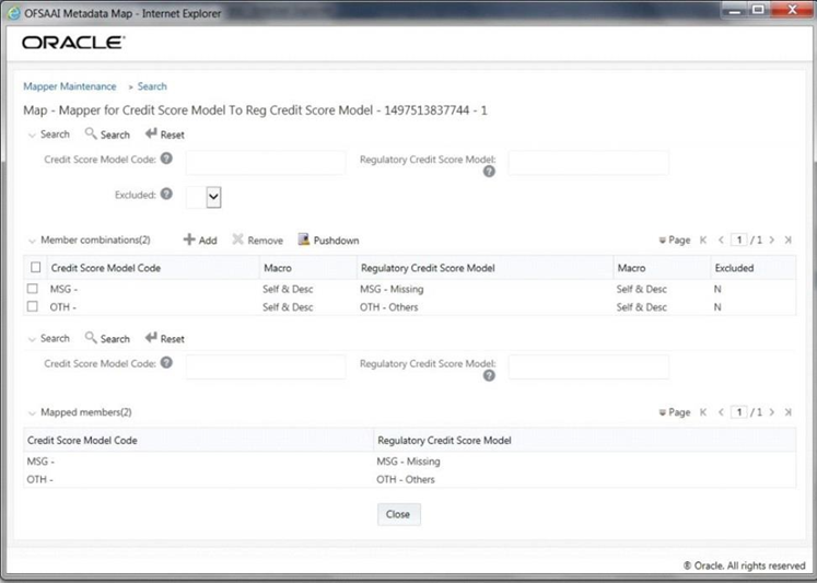 This illustration shows the Mapper Maintenance page with the Mapper for Credit Score Model to Reg Credit Score Model. Data Foundation application maps OTH and MSG out-of-the-box for this mapper. You can maintain the mappings according to the requirement.