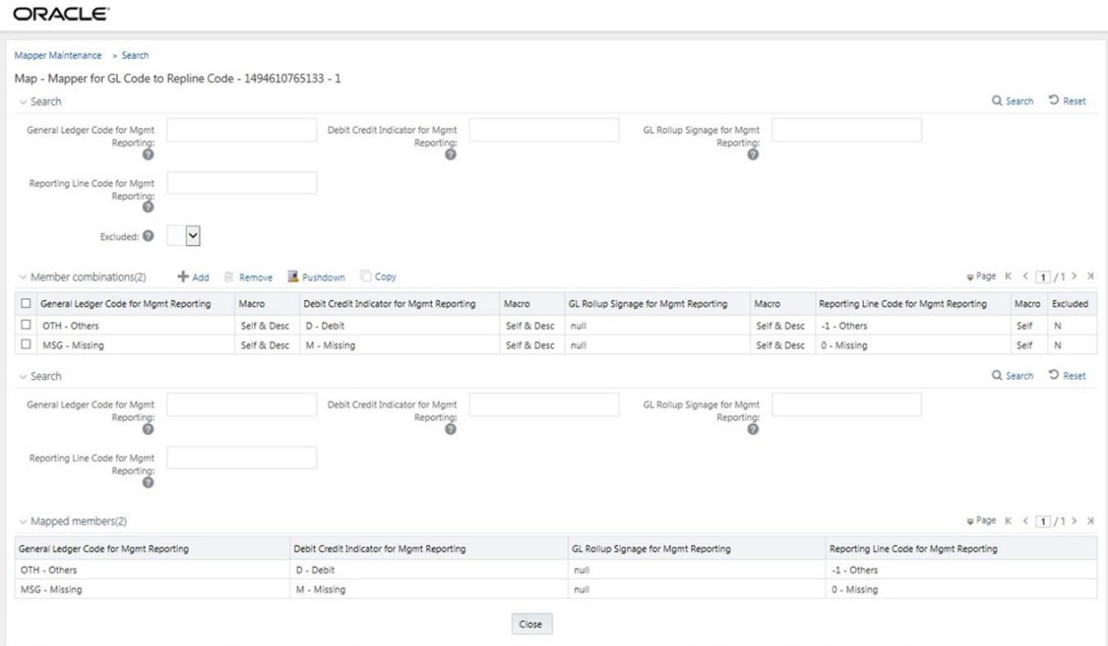 This illustration shows the Mapper Maintenance page with the Mapper for GL code to Repline code. Data Foundation application maps OTH and MSG out-of-the-box for this mapper. You can maintain the remaining mappings according to the requirement.