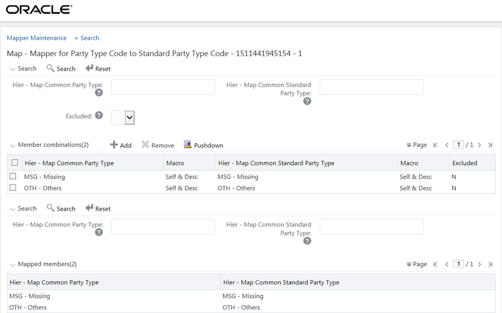 This illustration shows the Mapper Maintenance page of the selected Mapper with the functionalities such as Add, Remove, or Pushdown members in a hierarchy.
