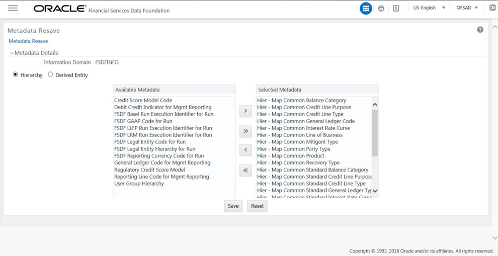 This illustration shows the Metadata Resave for Hierarchies page. This is a prerequisite for creating Mappers. For the Hierarchy option, you can select the required metadata from the Available Metadata section and move them to the Selected Metadata section. You can save or reset the settings.