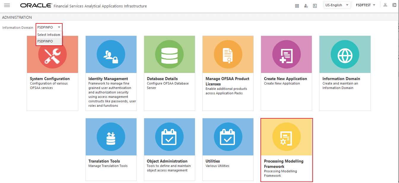 This illustration shows one of the access points to the Process Modelling Framework (PMF) feature. Select the OFSDF Infodom in the Administration settings and then select the Process Modelling Framework (PMF) tile.
