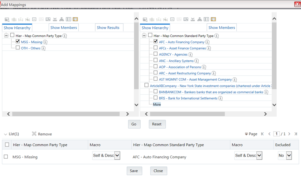 This illustration shows the Add Mappings page with the one-to-one mapping of the member for the selected Mapper. Select the required members to do one-to-one mapping. The selected members are listed at the bottom of the page. Save the details.