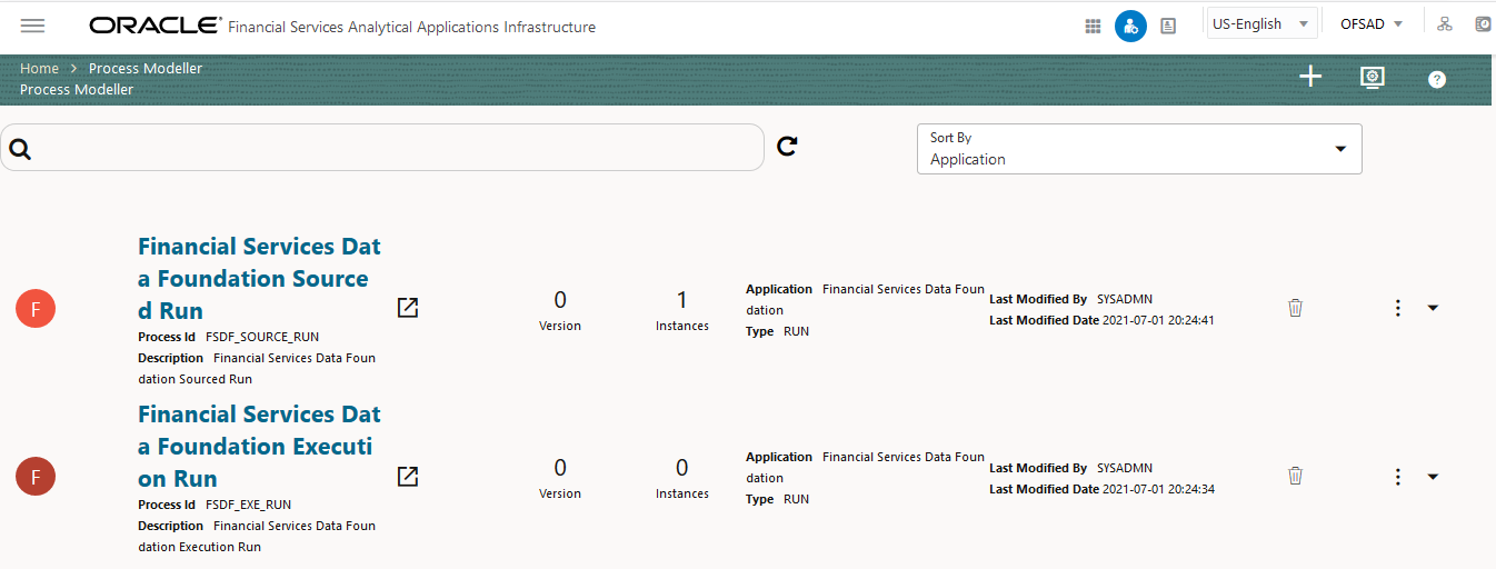This illustration shows the Process Modeller page. The Process Modeller page displays the existing Business Process Pipelines and Run Pipelines with the details such as Process ID, Process Name, Process Description, Version, Instance, Application, and Last Modified. You can use this page to create a new Pipeline, or to edit or delete an existing Pipeline, launch, edit, or view any Process Flow, and execute the designed Pipeline. You can also launch the Process Monitor page from this page.