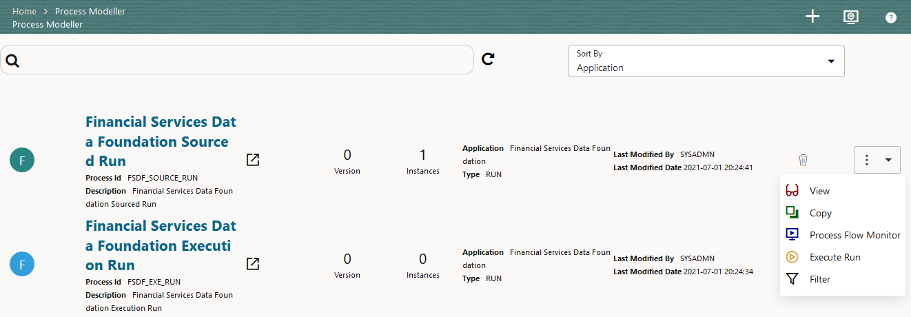This illustration shows the selection of the Execute Run in the required Run Pipeline. In the Process Modeller page, for the required Run Pipeline, select the Menu icon. In the Menu list, select Execute Run.
