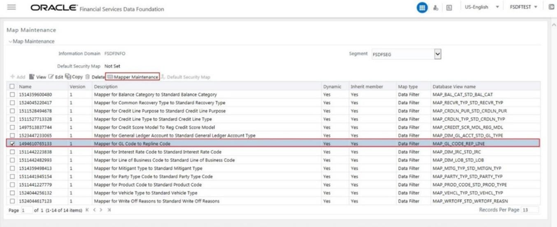 This illustration shows the selection of the Mapper in the Map Maintenance page. Select the Mapper for the GL code to Repline code and click the Mapper Maintenance icon to open the Mapper Maintenance page for the selected Mapper.