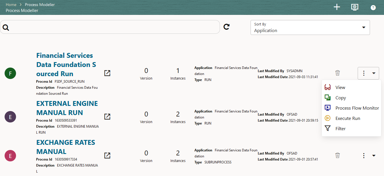 This illustration shows the selection of the Process Flow Monitor in the required Run Pipeline. In the Process Modeller page, for the required Run Pipeline, select the Menu icon. In the Menu list, select Process Flow Monitor.
