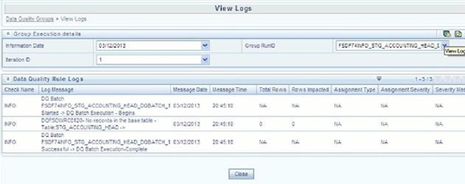 This illustration shows the View Logs page with the details of the selected Group Execution.