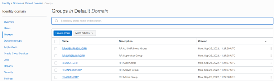 This screen displays the groups that are available in the default domain.