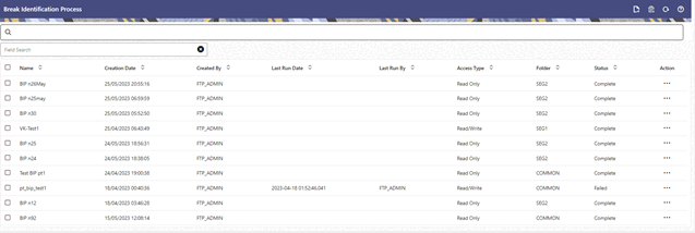 The Break Identification Process summary page screen displays the summary of the Break Identification Processes.