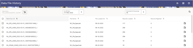 The Data File History Summary Screen displays the details of the Data Files. This screen also allows you to search Data Files, move Data Files from State to Processing tables, and Delete Data Files from the Stage.