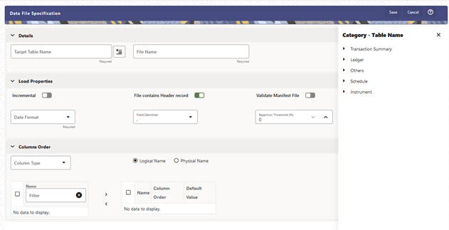 The Data File Specification screen is the User Interface to create a new Data File.