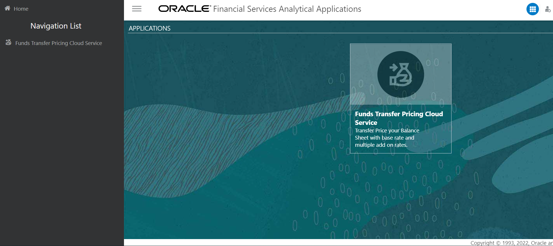 This image displays the Funds Transfer Pricing Cloud Service Home Page