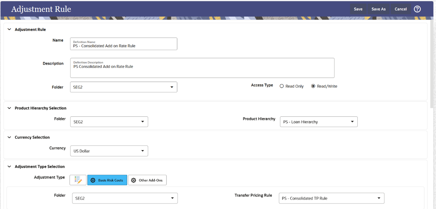 The Adjustment Rule (Definition Mode) screen allows you to create a new adjustment rule.