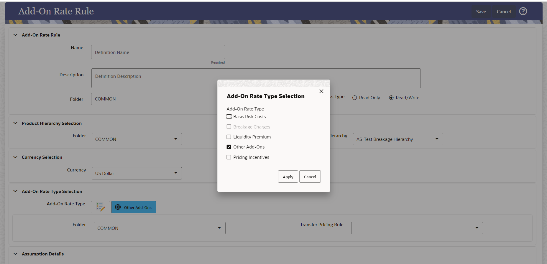 This screen allows you to select the Add-On Rate Type from the Add-On Rate Type Selection window.