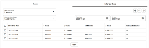 This screen allows you to input the volatility rates for each combination of the loan term and rate lock term and for each effective date that you wish to store historical volatility data.