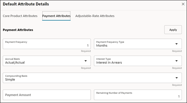 In the Payment Attributes tab, you can select one or multiple products and one or multiple currencies and start defining payment attributes.