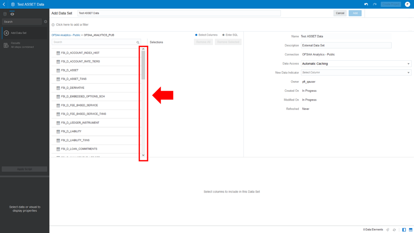 The Add Data Set – Search from the List screen lists the available Database Objects for the selected Database Schema and allows you to select the Database Object.