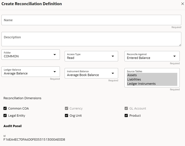 The Create Reconciliation screen allows you to define a new Reconciliation Definition.