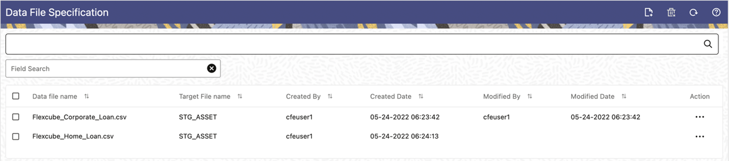 The Summary page of Data File Specification displays tje Search Criteria Pane, Sepcific Serach Pane, and the already created Data Files and their details.