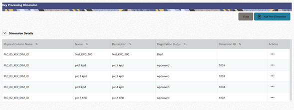 This screen displays the summary of the Key Processing Dimensions and Actions icon.