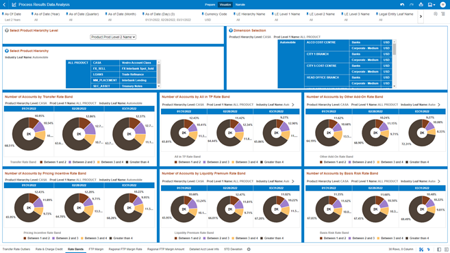 The “Rate Bands” Report provides the Number of Accounts by Rate Band for the Transfer Price calculation metrics with respect to As-of-Date.