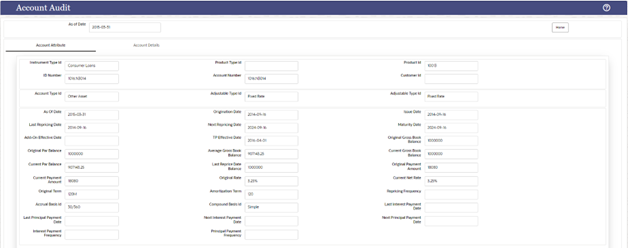 The account attributes tab displays account/deal attributes, so you can get an idea if the account is fixed or floating rate, rate of interest charged, original balance, remaining balance, account maturity etc., which would be required to verify the calculations in subsequent tabs.