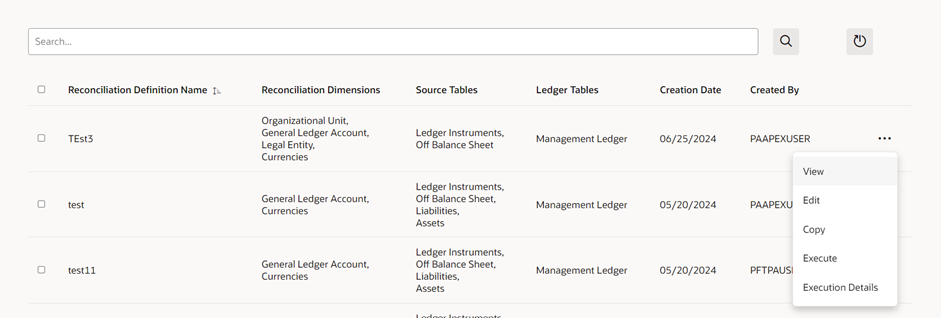 The Actions icon displays the different actions that you can perform on the existing Reconciliation Definitions.