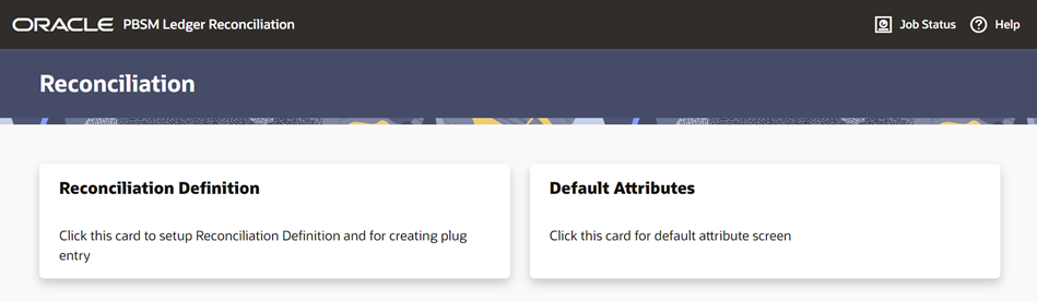 The Reconciliation landing screen displays the Reconciliation Definition and Default Attributes cards.