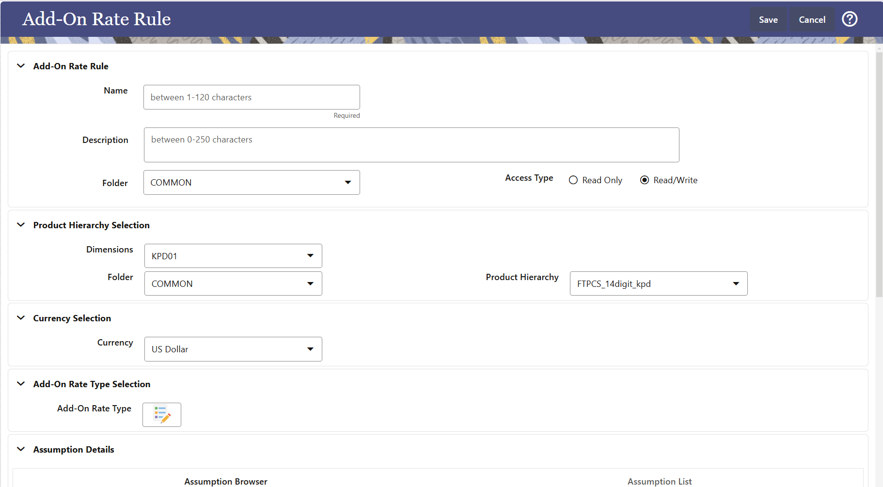 Add-On Rate Rule - Definition Mode
